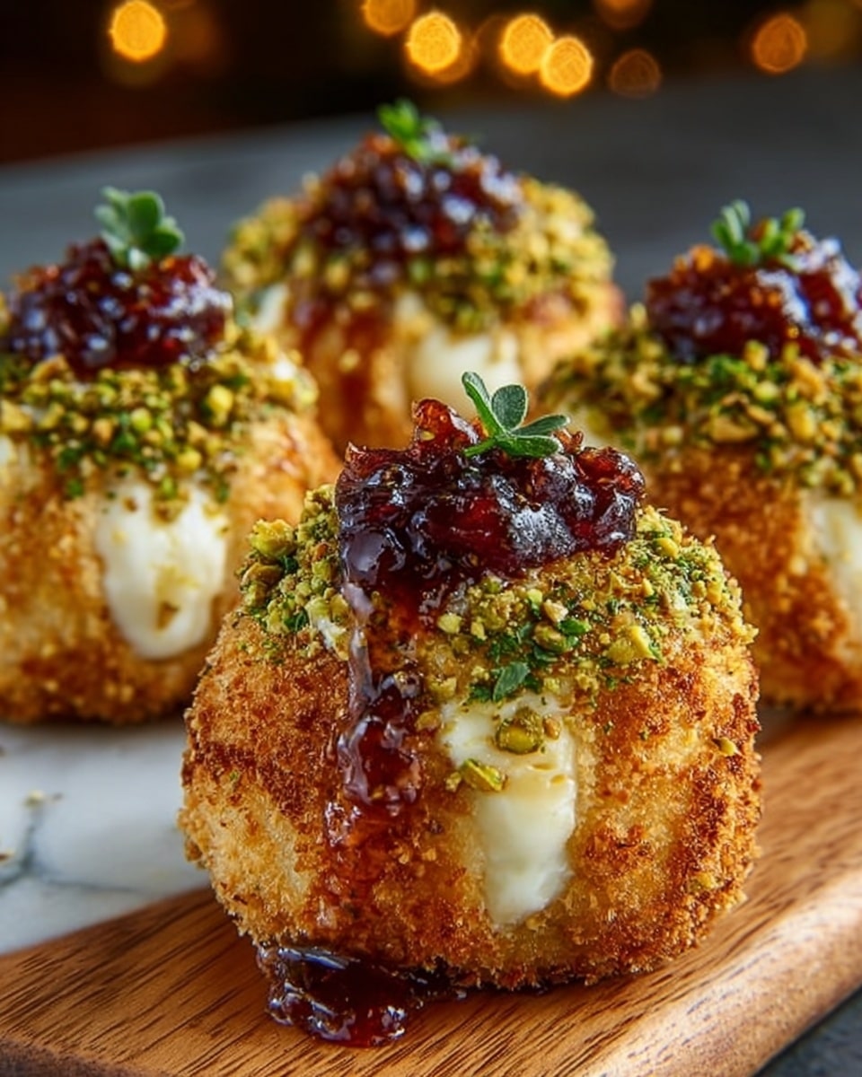 The image shows four round, golden-brown fried cheese balls placed on a wooden board with a white marbled background. Each cheese ball has three visible layers: the crispy breaded outer coating with a rough texture and a warm brown color, a middle layer showing creamy white melted cheese slightly oozing out, and on top, a thick crumbly layer sprinkled with green chopped pistachios and herbs. On the very top of each cheese ball, there is a small pile of shiny dark red cherry jam, glistening under the light, with some jam dripping slightly down the sides. A small green herb leaf decorates each cheese ball beside the cherry jam. The scene is well-lit with warm, cozy lighting. Photo taken with an iphone --ar 4:5 --v 7