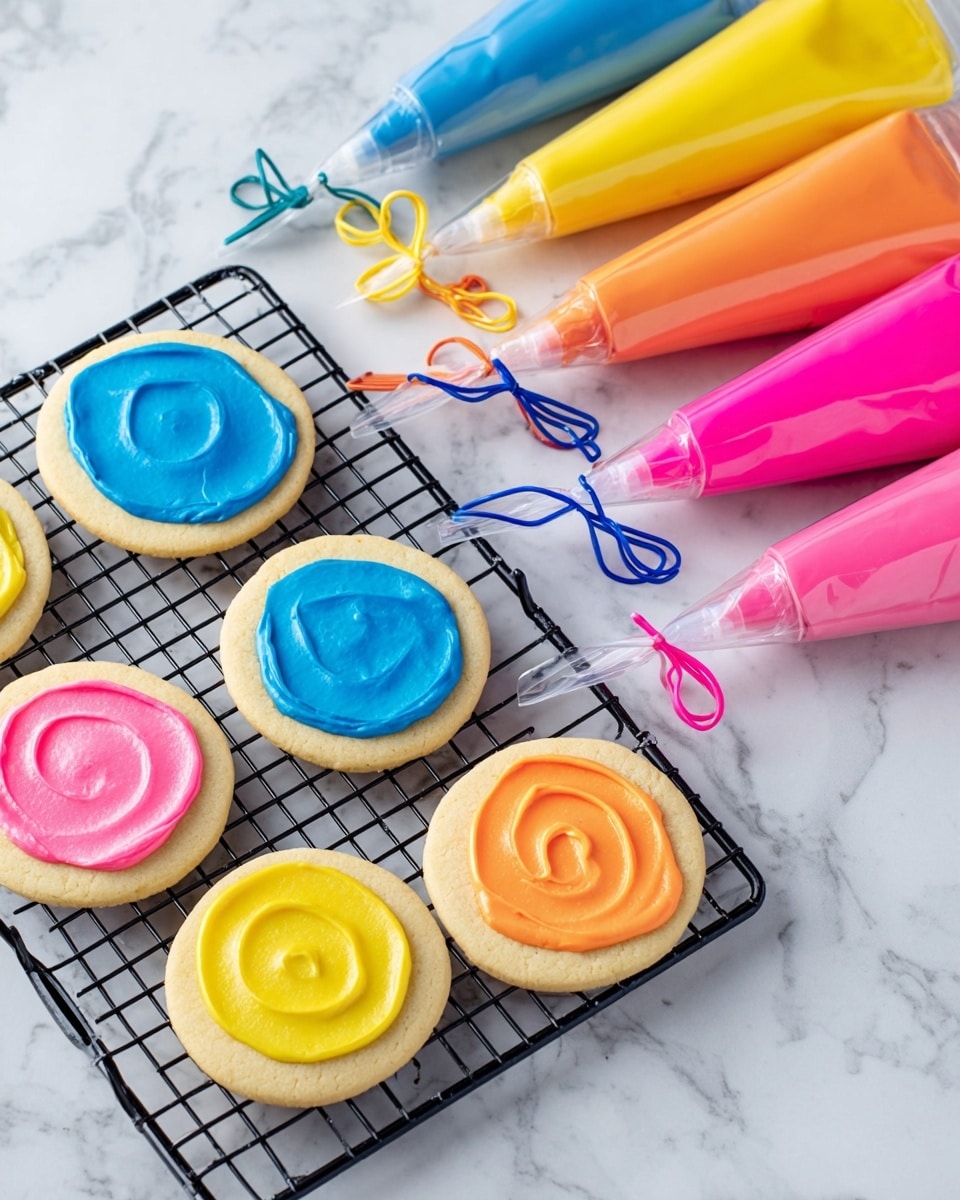 Four clear piping bags filled with smooth, bright icing are laid out side by side on a white marbled surface. From left to right, the colors are vibrant yellow, rich pink, bright blue, and warm orange, each bag secured at the top with dark-colored clips—two navy blue, one darker purple, and one blue. Around the bags, a few plain round cookies with a light beige color and soft texture are scattered, ready for decorating. The scene is well lit, showing the smooth texture and slight air bubbles in the icing, creating a clean and inviting setup. photo taken with an iphone --ar 4:5 --v 7