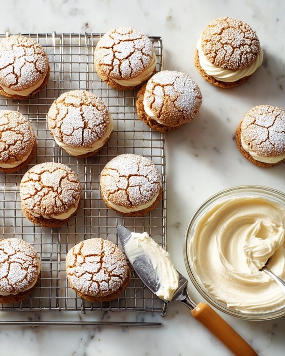 The image shows multiple sandwich cookies arranged close together on a white marbled surface. Each cookie has two round, cracked cookies with a golden-brown color and a dusting of white powdered sugar on top. Between the two cookie layers, there is a thick, smooth layer of creamy white filling. The cookies are stacked and laid flat, some leaning on each other, showing the soft, creamy filling clearly. The cracks on the cookie surface add texture, making them look crispy outside and soft inside. Photo taken with an iphone --ar 4:5 --v 7