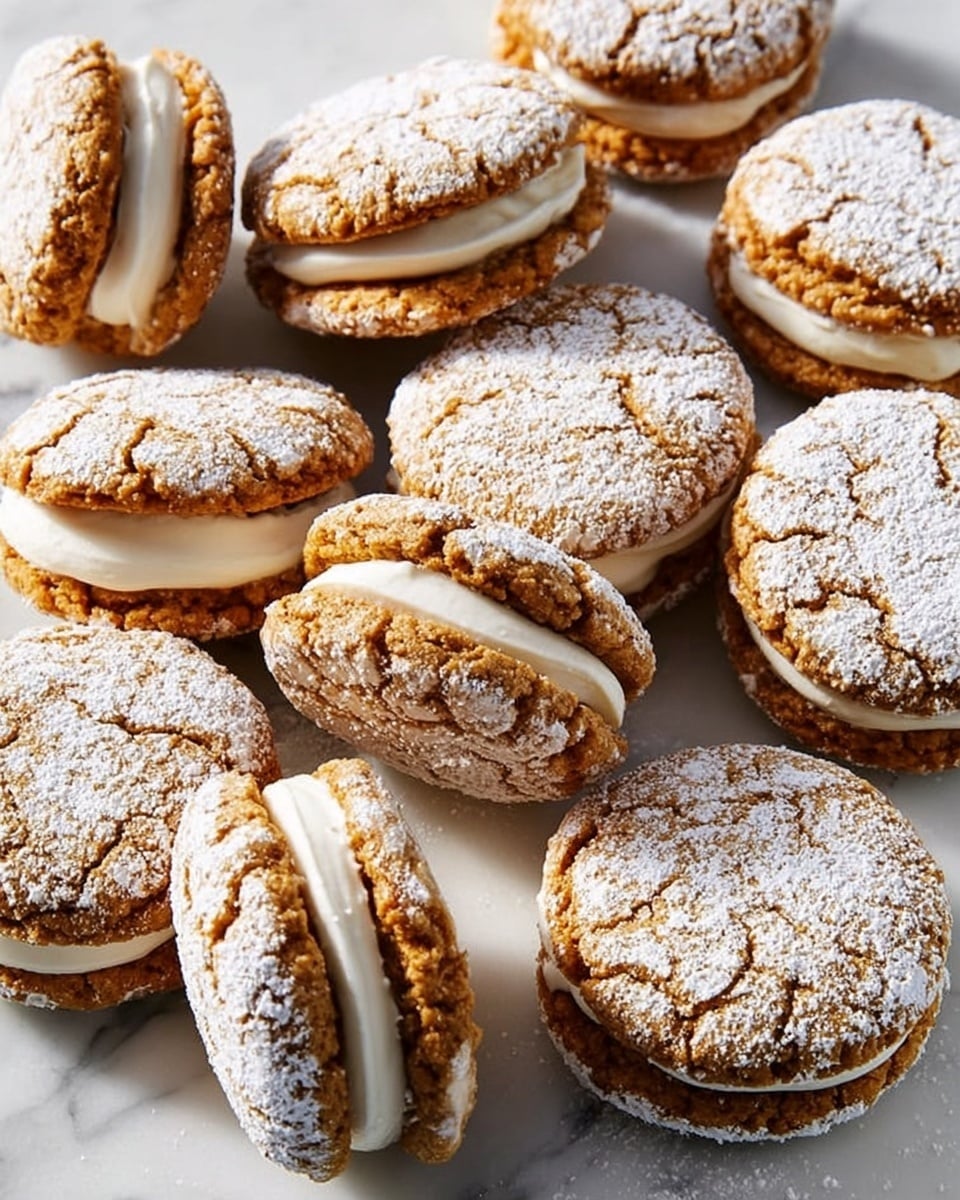 The image shows several small round cookies with a cracked golden-brown top dusted with white powdered sugar, placed on a metal cooling rack over a white marbled surface. Some of the cookies are sandwiched with a smooth, creamy white filling that looks soft and thick. A spatula with a wooden handle and a white creamy spread resting on it lies on the rack. On the right side, there is a clear glass bowl filled with the same creamy white frosting, swirled smoothly. photo taken with an iphone --ar 4:5 --v 7