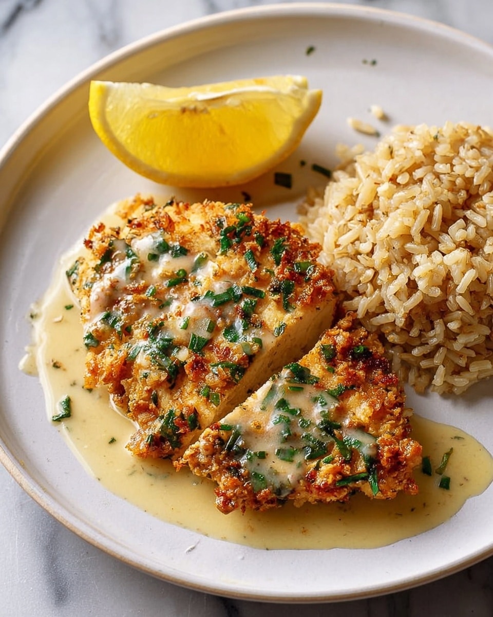 On a white plate with a white marbled texture in the background, there is a crispy, golden-brown piece of chicken covered with small green herbs and a light drizzle of creamy sauce. Next to the chicken, a wedge of bright yellow lemon rests, adding a fresh contrast. Beside the chicken, there is a small pile of cooked brown rice with a soft, slightly sticky texture. The sauce from the chicken lightly spreads onto the plate, making the dish look fresh and inviting. Photo taken with an iphone --ar 4:5 --v 7