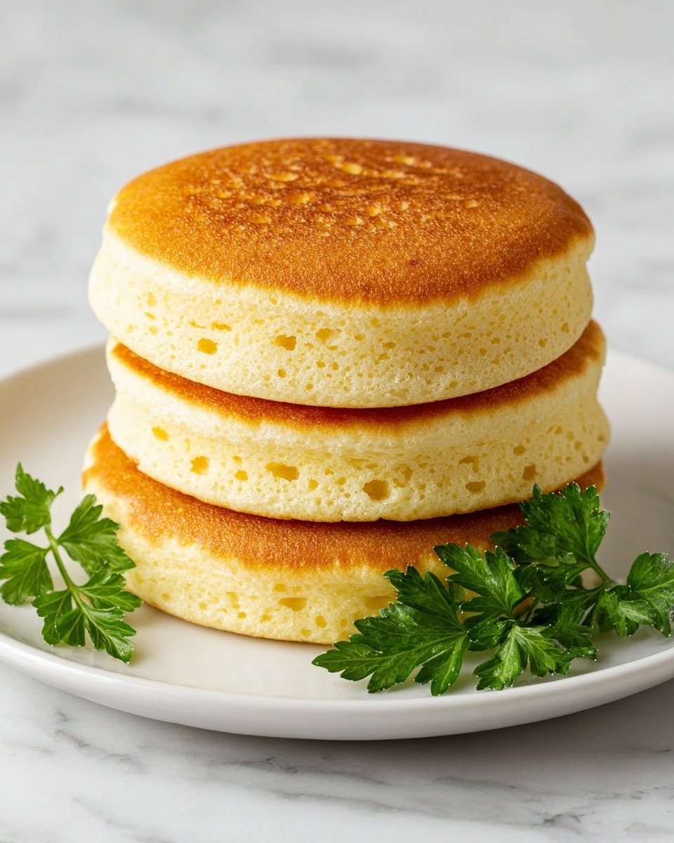 A stack of three golden brown pancakes with a soft, fluffy texture is placed in the center of a white plate. The pancakes have a slightly crispy edge and a smooth, even surface with small air bubbles visible. A small green parsley leaf is placed next to the stack, adding a fresh color contrast. The plate sits on a white marbled surface, highlighting the warm tones of the pancakes. Photo taken with an iphone --ar 4:5 --v 7