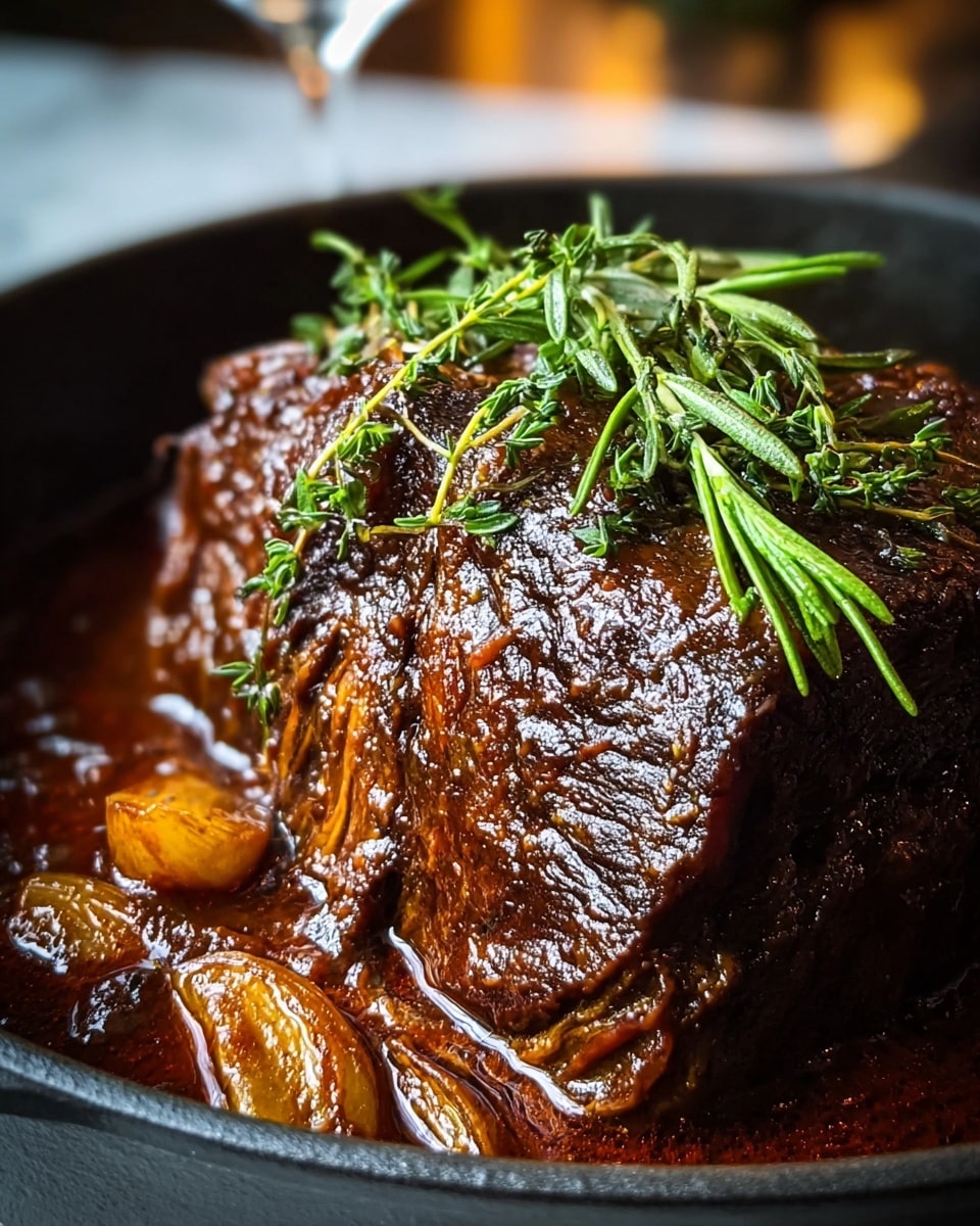 A large, rich brown piece of cooked meat sits in the center, showing a glossy, tender texture with visible grain and a sprig of fresh green rosemary on top. Surrounding the meat are chunky, golden-yellow potato pieces and bright orange carrot slices, all immersed in a shiny, thick, dark brown sauce. The dish is contained in a black pot with a shiny surface. The background has a white marbled texture. Photo taken with an iphone --ar 4:5 --v 7