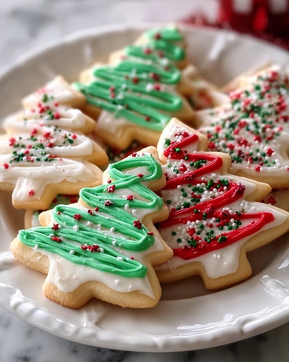 A white plate filled with several tree-shaped sugar cookies with a light golden-brown base layer, each cookie covered with a smooth, white icing layer on top. On top of the white icing, green or red icing lines create swirling patterns resembling garlands on Christmas trees, with one cookie showing thick green swirls and another with thinner red ribbons. The cookies are decorated with small round and star-shaped sprinkles in red, green, and white, evenly spread across the icing, adding texture and festive color. The plate is placed on a white marbled surface. photo taken with an iphone --ar 4:5 --v 7
