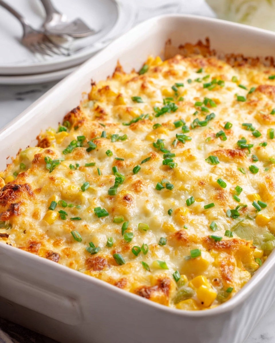 A close-up image of a white rectangular baking dish filled with a cheesy baked casserole. The casserole has a golden-brown melted cheese layer on top with small browned crispy edges. Scattered bright green chopped chives are sprinkled over the cheese, adding contrast. The casserole shows bits of yellow corn and pale green vegetable pieces mixed in beneath the cheese layer, giving the dish texture and color. The dish sits on a white marbled surface with part of a white plate and silver fork visible at the edge. photo taken with an iphone --ar 4:5 --v 7