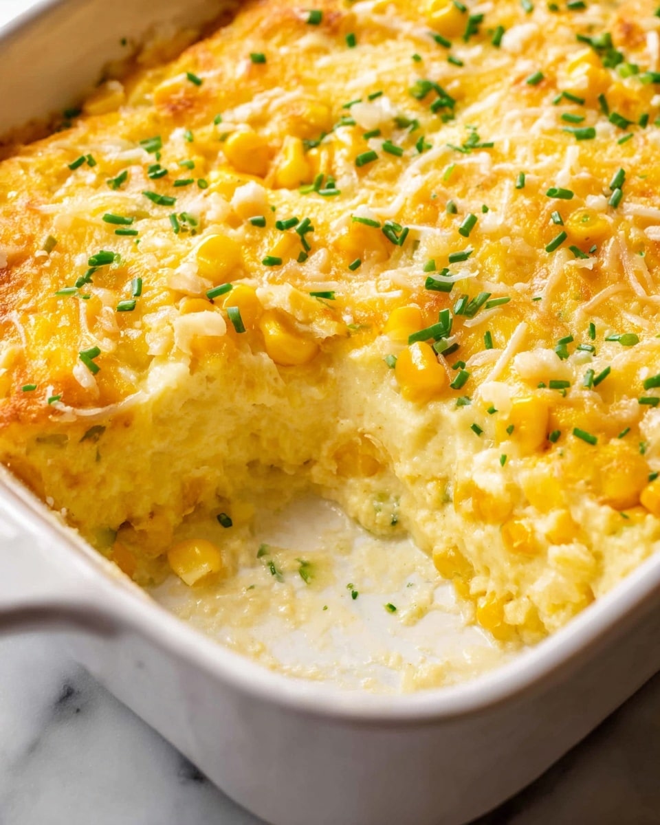 This image shows a creamy corn casserole in a white baking dish with one scoop missing, revealing three visible layers: the bottom layer is smooth and creamy, pale yellow in color; the middle layer contains soft corn kernels mixed in a creamy sauce, bright golden yellow with a soft texture; the top layer is melted shredded cheese, slightly browned in spots, with green chives sprinkled all over adding small pops of color. The surface around the dish is a white marbled texture. photo taken with an iphone --ar 4:5 --v 7