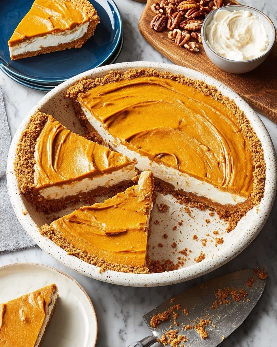A pumpkin pie shown in a round white speckled pie dish with two slices cut out, one slice laid on a white plate with a blue rim, placed on the top left. The pie has three visible layers: a crumbly golden brown crust on the bottom and edges, a thick smooth white middle layer, and a thick swirled pumpkin orange top layer with a creamy, slightly glossy texture. Small crumbs are scattered around the dish edges and a pie server with some filling residue lies at the bottom right. In the background, there is a wooden board with chopped pecans and a bowl with a spoon containing white cream. The whole scene is set on a white marbled texture. photo taken with an iphone --ar 4:5 --v 7