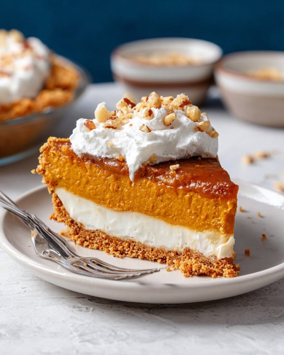 A slice of pie is shown with three main layers, placed on a white plate with a fork on the right side. The bottom layer is a crumbly light brown crust. On top of that is a thick, smooth white layer that looks creamy. The top layer is a dense, orange pumpkin filling, slightly textured and glossy. On top of the pumpkin layer, there is a dollop of white whipped cream with small chopped nuts sprinkled over it. The background shows a white marbled texture surface and some blurred bowls. Photo taken with an iphone --ar 4:5 --v 7