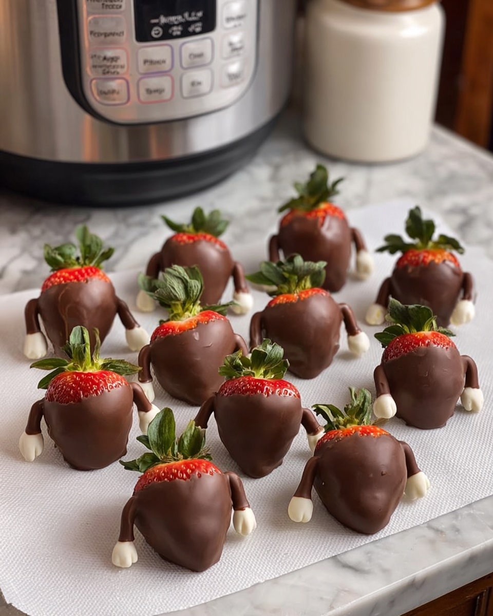The image shows a collection of strawberries with dipped pretzel sticks on a white marbled surface lined with parchment paper. Each strawberry is bright red with green leafy tops, standing upright with two small brown pretzel sticks inserted at the base, dipped halfway in smooth milk chocolate. The chocolate is shiny and melts slightly where it touches the berries and pretzels, creating a fresh and tasty look. The strawberries and pretzels are arranged in rows, giving a neat and appetizing presentation. In the background, kitchen items like a silver appliance and containers are faintly visible. photo taken with an iphone --ar 4:5 --v 7