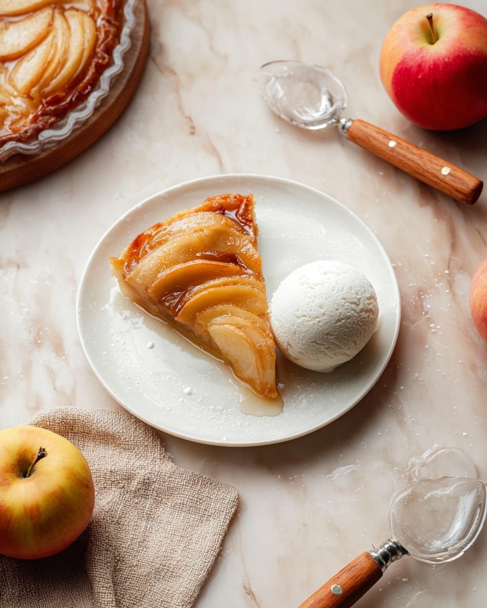 The image shows a close-up of a round upside-down apple tart cut into eight slices, placed on a white plate. The top layer is made of glossy, caramelized apple slices arranged in a circular pattern, with a rich, amber-brown syrup coating that gives a shiny texture. Below the apples is a thin, light golden-brown crust layer that looks soft and slightly crumbly. The background surface is a white marbled texture. A whole apple with red and green skin is partially visible in the lower left corner. photo taken with an iphone --ar 4:5 --v 7
