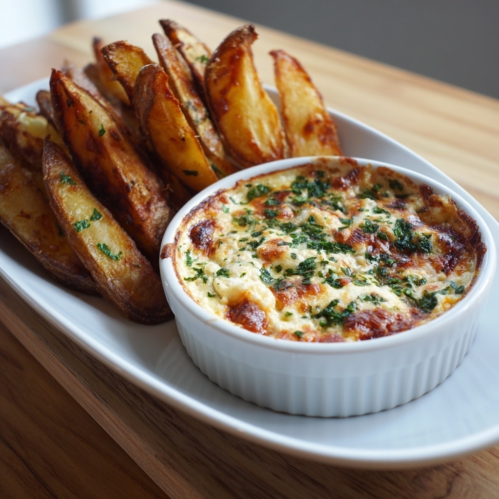 The image shows a white round ceramic dish filled with a baked cheesy dip that has a golden brown, slightly bubbly top layer sprinkled with small pieces of green herbs. Behind the dip, there is a white oval plate piled with thick, golden-brown fried potato wedges standing upright and overlapping, creating texture and depth. Both dishes are placed on a wooden surface with soft natural light highlighting the textures and colors. Photo taken with an iphone --ar 4:5 --v 7