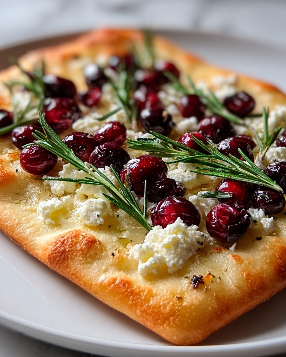 A rectangular flatbread with a golden crust forms the base layer, slightly raised at the edges with a light, soft texture visible. On top, there is a layer of crumbly white cheese scattered unevenly, creating small fluffy clumps. Bright red and dark red whole cranberries or cherries are scattered on the cheese, adding glossy, smooth round shapes. Fresh green rosemary sprigs are placed on top, with needle-like leaves pointing in different directions, adding height and color contrast. The flatbread sits on a white plate with a simple design, all set on a white marbled texture surface. photo taken with an iphone --ar 4:5 --v 7