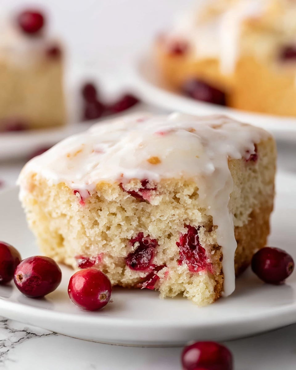 A close-up view of a square piece of soft, light beige cake with visible juicy red cranberries inside, topped with a smooth, white glaze layer that slightly drips down the sides; a smaller broken piece lies beside it, showing the moist and textured crumb inside. The cake sits on a white plate against a white marbled surface with some cranberries scattered around, and another similar cake piece is blurred in the background. photo taken with an iphone --ar 4:5 --v 7