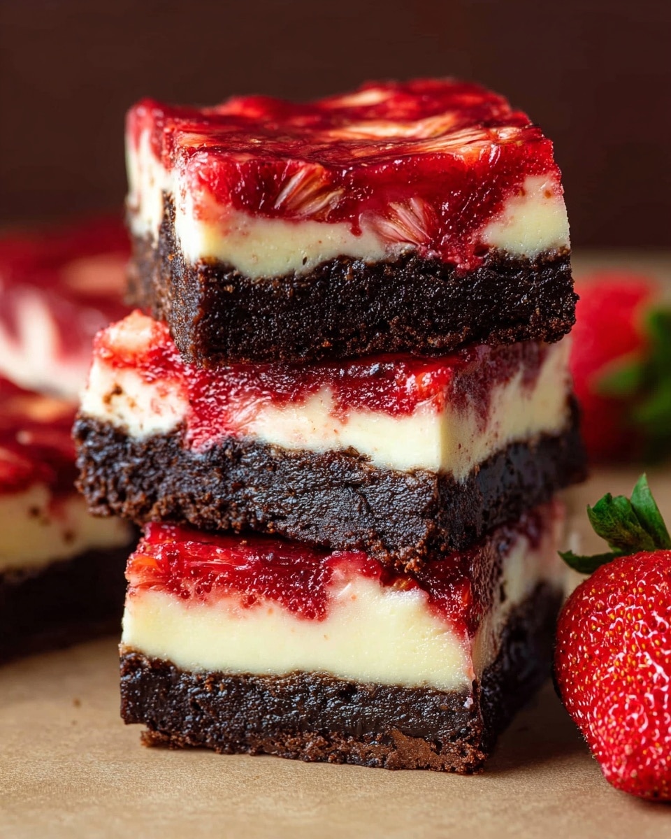 A square baked cheesecake bar sits in a white baking pan with red rim edges, lined with white parchment paper. The dessert has two visible layers: a creamy light yellow cheesecake base and a thick top layer of swirled deep red strawberry sauce with chunks of strawberry mixed in, creating a marbled pattern over the entire surface. Around the pan, fresh red strawberries with green leaves are scattered on a white marbled texture surface. A white bowl filled with more red strawberries is partly visible in the upper right corner. Photo taken with an iphone --ar 4:5 --v 7