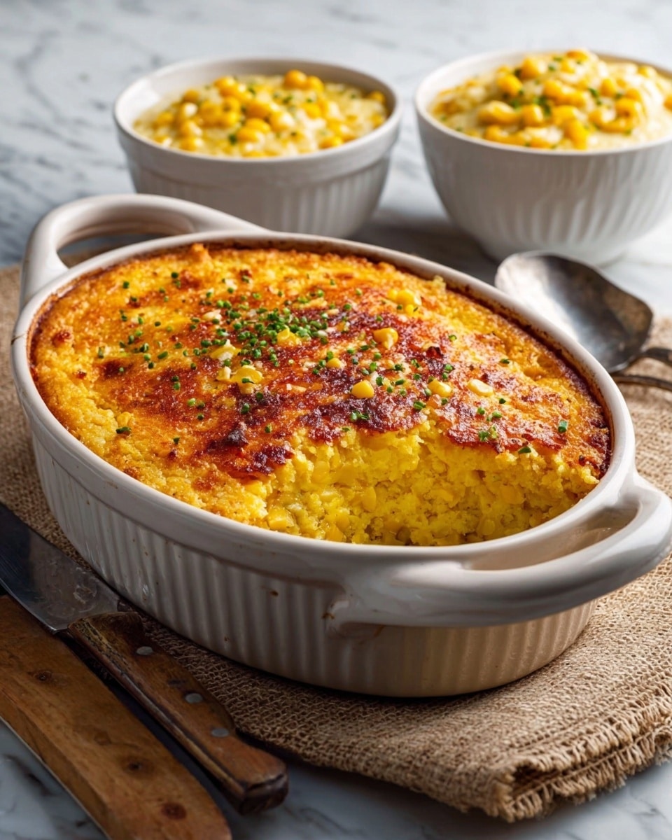 The image shows a baked corn casserole in a white oval ceramic dish with handles on each side. The casserole has a golden brown, slightly crispy top layer with small bits of browned corn and green herbs sprinkled on it. A small portion is scooped out, revealing a soft, creamy yellow interior filled with corn kernels. Behind the main dish, there are two white ceramic bowls, each filled with a creamy corn mixture. The dish rests on a beige textured cloth, placed on a white marbled surface. A spoon is placed next to the dish, while a wooden-handled knife lies to the left. photo taken with an iphone --ar 4:5 --v 7