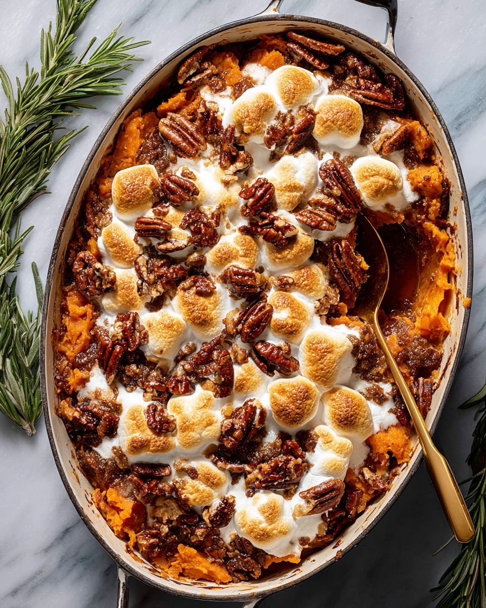 The dish is a baked sweet potato casserole in an oval cast iron pan with a cream interior and black handles. At the base, there are soft, chunky orange sweet potatoes mixed with a slightly dark brown, spiced layer. On top, there is a layer of melted, toasted marshmallows that are white with golden brown spots, some of which are slightly browned and bubbly. Scattered generously over the marshmallows are many whole reddish-brown pecan nuts, adding texture and color contrast. A gold spoon is partially inserted into the dish on the right side. The pan sits on a white marbled surface with sprigs of fresh rosemary nearby. photo taken with an iphone --ar 4:5 --v 7