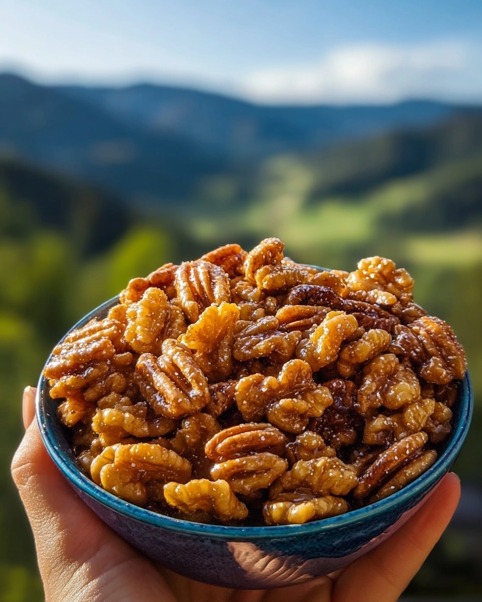 A close-up image of a black bowl filled with a mix of shiny, golden-brown, and darker-walnut colored candied pecans and walnut pieces. The nuts have a textured, ridged surface with a glossy caramel coating that catches the light, showing a crunchy and glazed look. The bowl is held by a woman's hand and is set against a softly blurred background of green and blue hills with a clear sky, giving a fresh outdoor feel. The overall focus is on the detailed, textured nuts that fill the bowl completely. Photo taken with an iphone --ar 4:5 --v 7