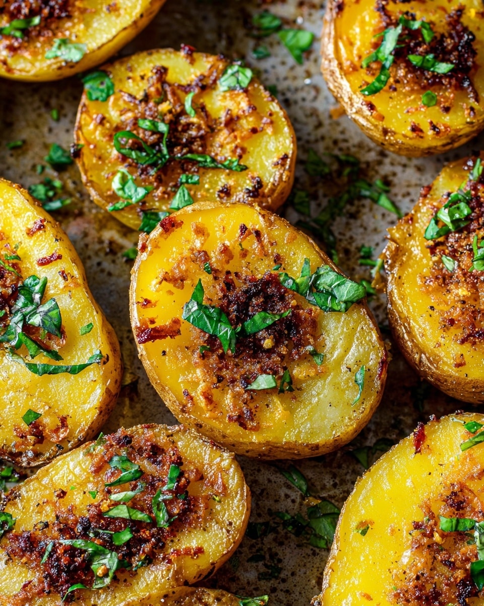 The image shows several halves of roasted potatoes with a crispy, dark brown crust on top mixed with herbs and spices, creating a rough textured layer. The next visible layer is the smooth, soft, golden-yellow inside of the potato beneath the crispy crust. The potato skin is reddish-brown and slightly wrinkled around the edges. Small green herb pieces are sprinkled on top, adding a touch of color contrast. The potatoes rest on a warm brown cooking surface with some visible oil and seasoning bits. photo taken with an iphone --ar 4:5 --v 7
