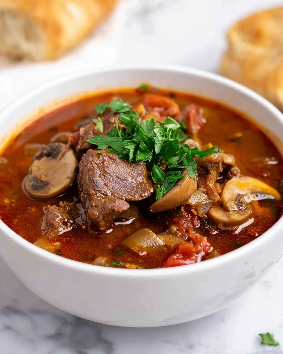 A white bowl filled with a rich beef stew where chunks of brown beef, light brown mushrooms, and small pieces of red tomato and green pepper float in a thick, brownish-red broth, topped with fresh bright green parsley leaves in the center, placed on a white marbled surface; in the background, a few pieces of shiny, dark brown bread are visible. photo taken with an iphone --ar 4:5 --v 7