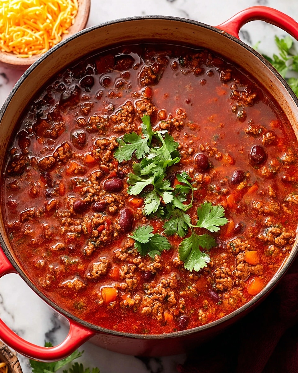 A large red pot filled with thick chili stew made of browned ground meat, orange carrot cubes, red kidney beans, and a rich red tomato sauce, topped with bright green cilantro leaves scattered on the surface. The pot sits on a dark round wooden board with a soft beige cloth beside it, all placed on a white marbled textured surface. In the background, a blurred silver bowl with shredded yellow cheese is visible. photo taken with an iphone --ar 4:5 --v 7