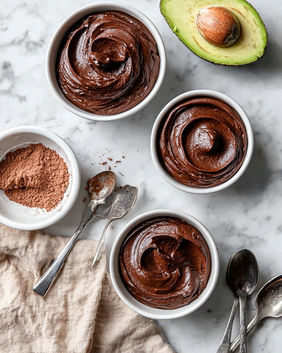 A white bowl filled with smooth, glossy dark chocolate mousse with a swirl texture on top and a silver spoon resting inside it, placed on a white marbled surface. Nearby, there is a white bowl with some cocoa powder scattered inside and around it, along with a silver spoon beside the bowl. To the right, another white bowl contains more of the rich chocolate mousse, also with a smooth swirl on its surface. On the left side, there is a cut avocado with its green interior and dark skin visible, and a small white bowl filled with chocolate mousse is seen at the bottom left corner. A light gray napkin is partially visible on the right side. photo taken with an iphone --ar 4:5 --v 7