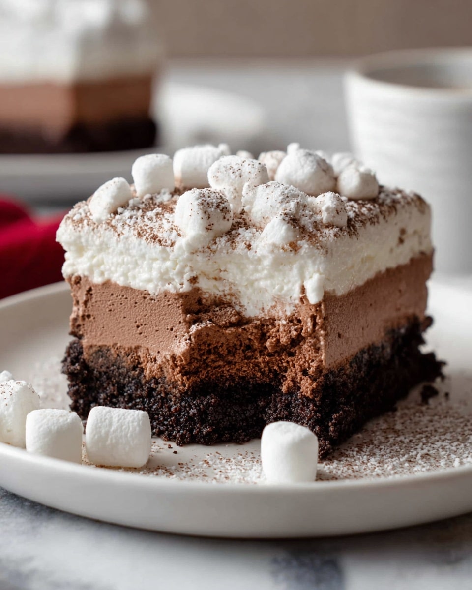 The image shows a three-layered dessert on a white plate placed on a white marbled surface. The bottom layer is a dark, crumbly chocolate crust with a rough texture. The middle layer is thick and rich, made of dark chocolate mousse with a dense and slightly airy texture. The top layer is a light, fluffy white cream dusted with a fine layer of cocoa powder and scattered tiny white marshmallows. Some marshmallows have fallen onto the plate nearby. The dessert looks soft and inviting, with a small bite taken out of one side, revealing all the layers clearly. photo taken with an iphone --ar 4:5 --v 7