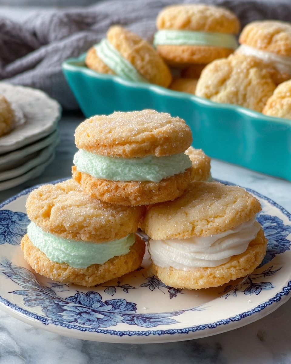 The image shows five sandwich cookies stacked on a white plate with blue floral patterns. Each cookie has two golden, crumbly biscuit layers with a sugar sprinkle on top, and a thick layer of creamy filling inside. Three cookies have pale mint green cream, and the other two have white cream. In the background, a turquoise rectangular dish filled with more cookies is visible on a white marbled surface with a gray cloth nearby. The lighting highlights the texture of the biscuits and the smooth cream inside. photo taken with an iphone --ar 4:5 --v 7