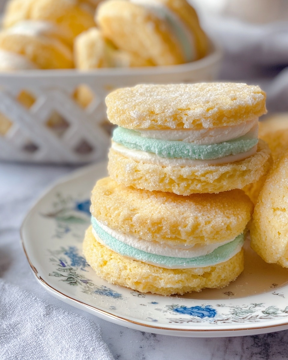 A close-up of layered small sandwich cookies with two light yellow, soft, and slightly crumbly biscuit layers that have a sugar-dusted texture on top. The sandwich filling is creamy and comes in two colors: white and light blue, smoothly spread between the biscuit layers. The cookies are arranged on a white plate with delicate blue floral patterns. In the background, there is a white basket holding more of the same sandwich cookies, all placed on a white marbled surface. photo taken with an iphone --ar 4:5 --v 7