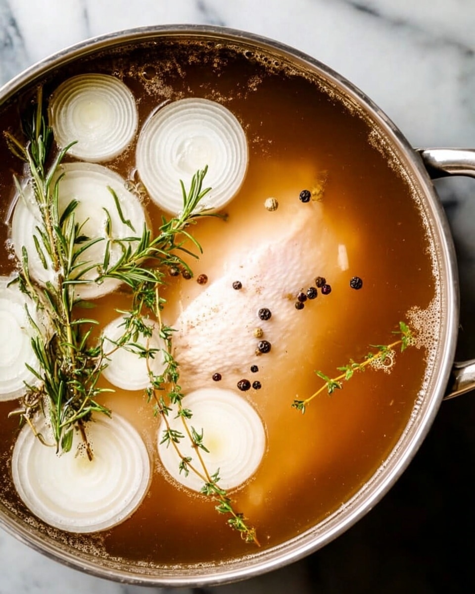 A close-up view inside a silver pot filled with amber-colored broth containing a whole piece of raw chicken submerged in the liquid. Around the chicken, there are thick, white onion slices floating on the surface, some whole rings and some cut into smaller pieces. Sprigs of fresh green rosemary and thyme are placed neatly on top along with scattered black peppercorns, adding detail and contrast to the smooth broth. The pot is set on a white marbled surface, and the photo is taken from directly above. photo taken with an iphone --ar 4:5 --v 7