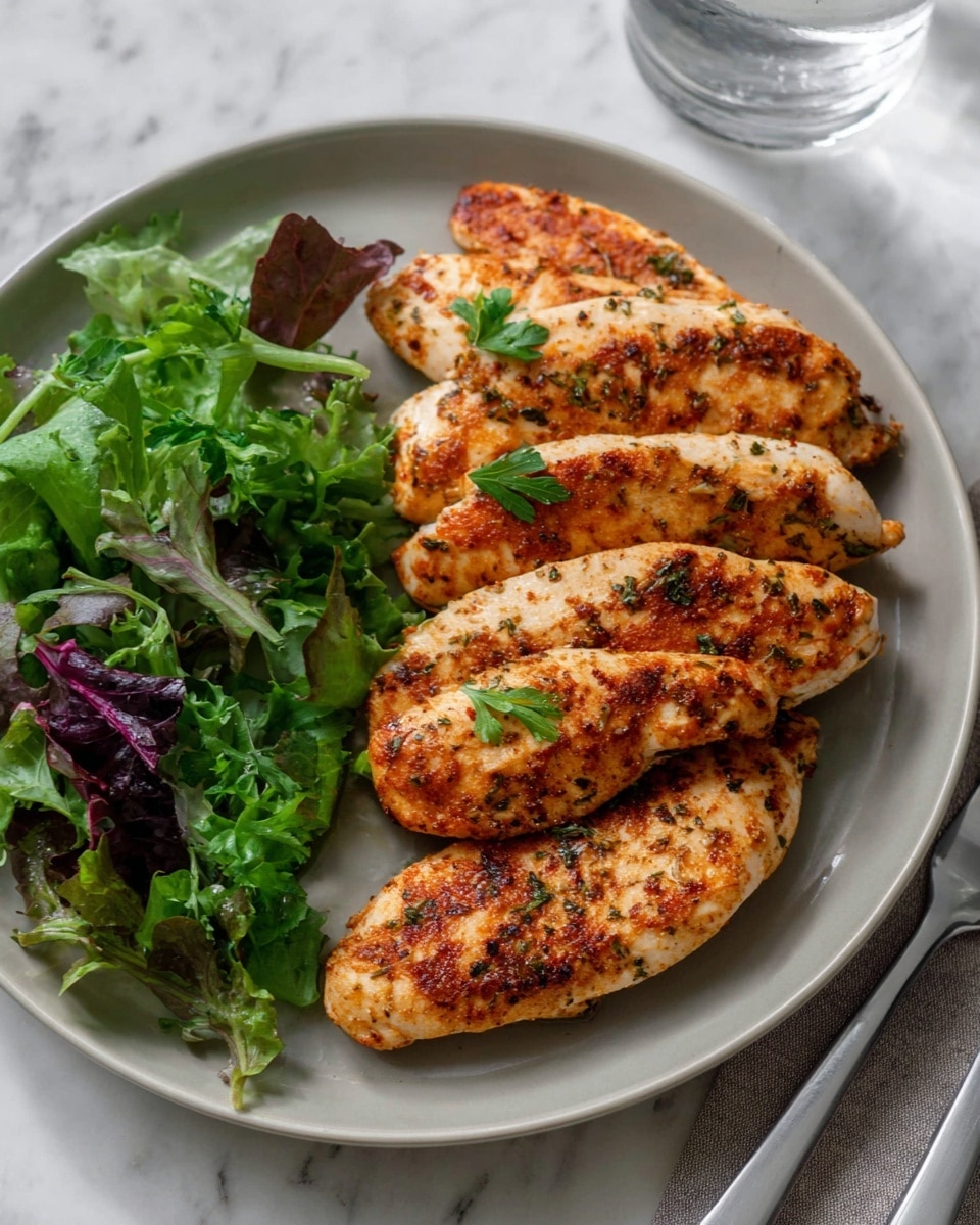 A white plate holds five pieces of golden brown grilled chicken breasts, each coated with a slightly crispy and spicy seasoning, giving them a warm reddish-orange color with scattered green parsley leaves on top. One chicken piece is held above the plate by a woman's hand, showing its juicy white inside with a hint of browning from the spices. Fresh green salad leaves sit in the top left corner of the plate, adding a fresh contrast to the rich chicken. The plate rests on a white marbled surface, with a glass of water softly blurred in the background. photo taken with an iphone --ar 4:5 --v 7