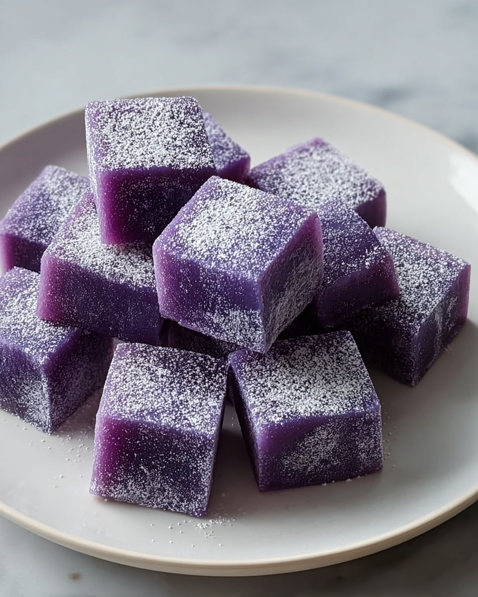 A white plate holds a neat pile of eleven small purple jelly-like square pieces, each with a smooth, slightly translucent texture and dusted evenly on top with white powdered sugar. The squares are stacked three layers high in the center, with some pieces showing the soft, chewy inside where two have slight bites taken from the corners. The surface beneath the plate is a white marbled texture. photo taken with an iphone --ar 4:5 --v 7