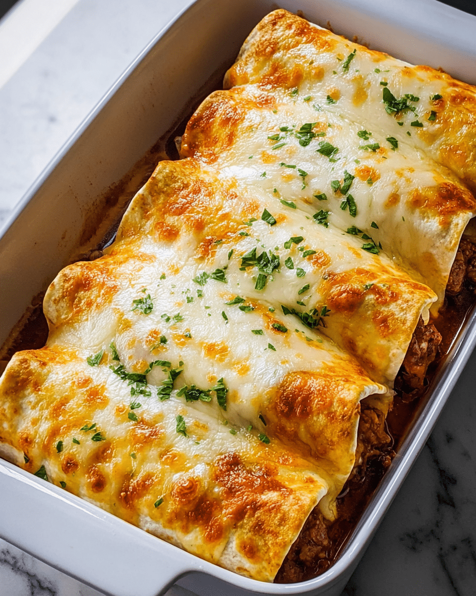 A white rectangular baking dish holds five large rolled burritos closely placed in two rows. Each burrito is covered with a thick layer of melted cheese that is golden brown and bubbly on top, with small patches of white creamy melted cheese visible through the browning. The burritos have slightly crispy edges with a soft, slightly glossy tortilla that looks warm and freshly baked. Inside, dark reddish-brown meat filling is visible peeking out from the burrito ends, contrasting with the creamy cheese layer above. Small bits of chopped green herbs are sprinkled on top for a fresh touch. The dish is set against a white marbled textured surface. photo taken with an iphone --ar 4:5 --v 7