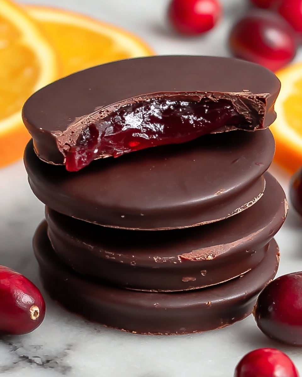 The image shows round chocolate-covered treats stacked on a white plate, resting on a white marbled surface. Each treat has a smooth and glossy dark chocolate outer layer. The top treat is cut in half, revealing a shiny, deep red jelly-like filling with two whole cherries inside, adding a moist and juicy texture to the inside. The outer chocolate layer is thin but firm, with slight uneven edges where it was cut. In the background, out-of-focus bright red cherries and a yellow object add color contrasts. Photo taken with an iphone --ar 4:5 --v 7