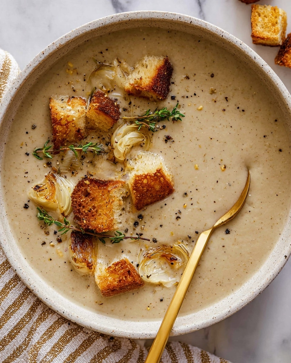 A creamy soup fills a white shallow bowl, its smooth pale beige surface speckled with cracked black pepper and small green herb leaves. On top, there are golden-brown roasted garlic cloves and chunky toasted croutons with a slightly crispy texture. A gold spoon rests on the edge of the bowl, partially dipped into the soup. In the background, there is a whole bulb of roasted garlic and a few extra croutons scattered on a white marbled surface, along with a striped cloth napkin loosely placed nearby. Photo taken with an iphone --ar 4:5 --v 7