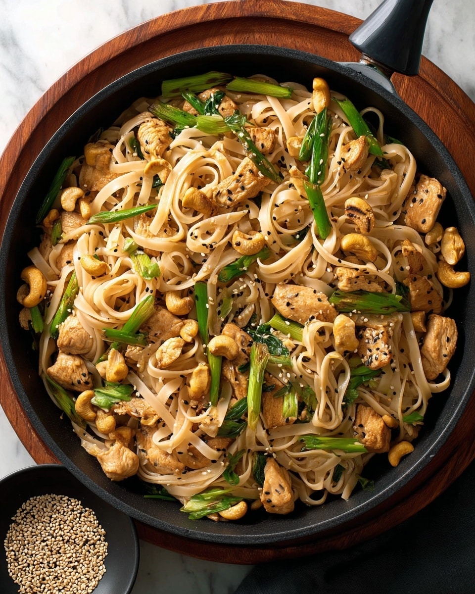 A close-up top view of a black skillet filled with a stir-fry dish, layered from bottom to top with light tan flat rice noodles, medium brown cooked chicken chunks scattered throughout, whole golden cashews, and vibrant green cooked scallion pieces. The dish is sprinkled with small black and white sesame seeds, giving texture and a slight contrast on the light noodles. The skillet sits on a dark wooden board, against a white marbled background, with a glimpse of a black bowl on the side containing more sesame seeds. photo taken with an iphone --ar 4:5 --v 7