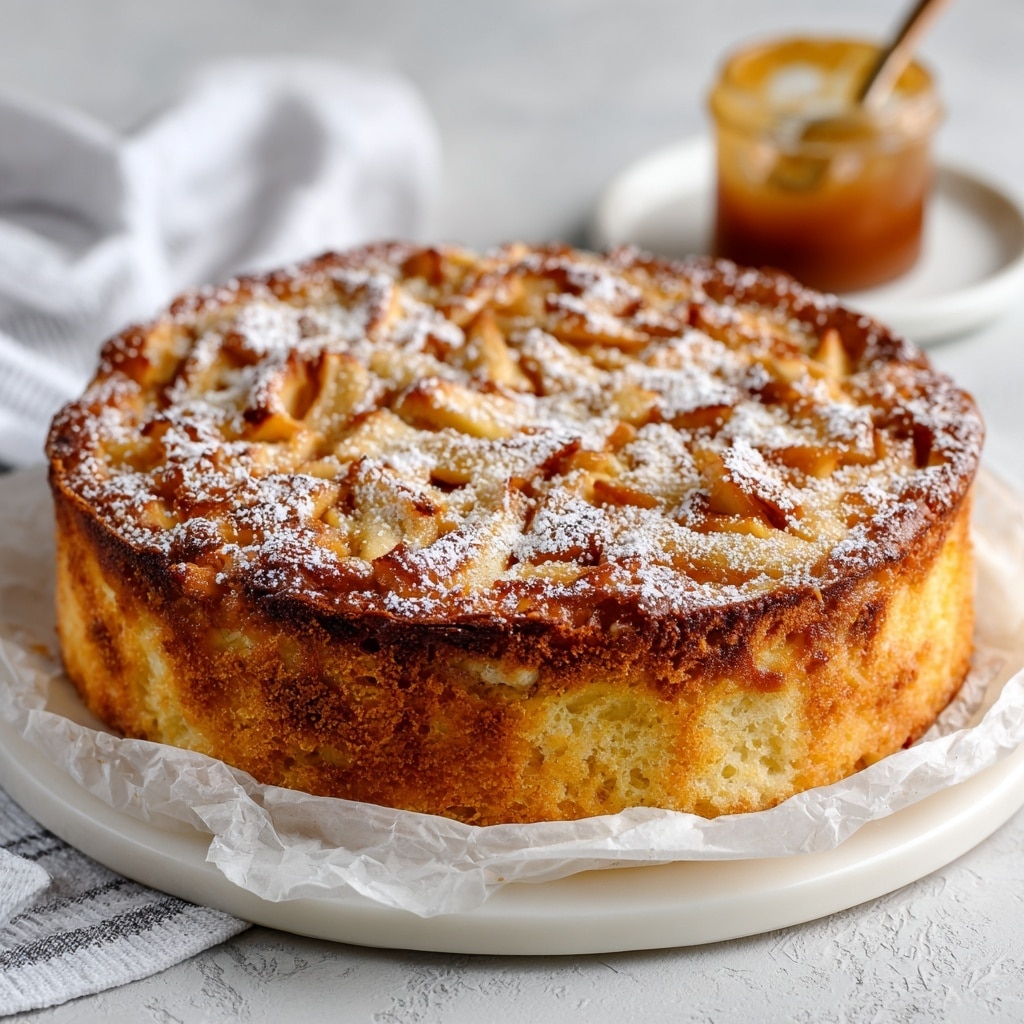 A close-up image of a single-layer round apple cake with a golden brown crust and a soft, light yellow interior. The top layer is textured with baked apple pieces, slightly caramelized, and dusted with a thin layer of powdered sugar. The cake rests on crumpled parchment paper that lines a round white plate, placed on a white marbled textured surface with a light gray and white striped cloth underneath. To the right, a jar of caramel sauce sits on a small white plate, with some caramel spilled beside it. Photo taken with an iphone --ar 4:5 --v 7