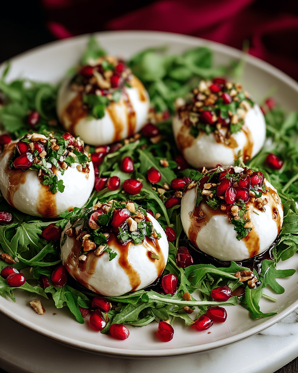 The image shows five round white cheese balls placed on a layer of fresh green arugula leaves inside a white bowl. Each cheese ball is topped with a drizzle of deep red sauce that runs down the sides in thin streaks. On top of the sauce, there are scattered bright red pomegranate seeds, small green chopped herbs, and a few light green pistachio nuts, adding texture and color contrast. The white bowl sits on a white marbled surface, with more pomegranate seeds and some blurred greenery in the background. The composition highlights the fresh, vibrant colors and textures of the dish. photo taken with an iphone --ar 4:5 --v 7