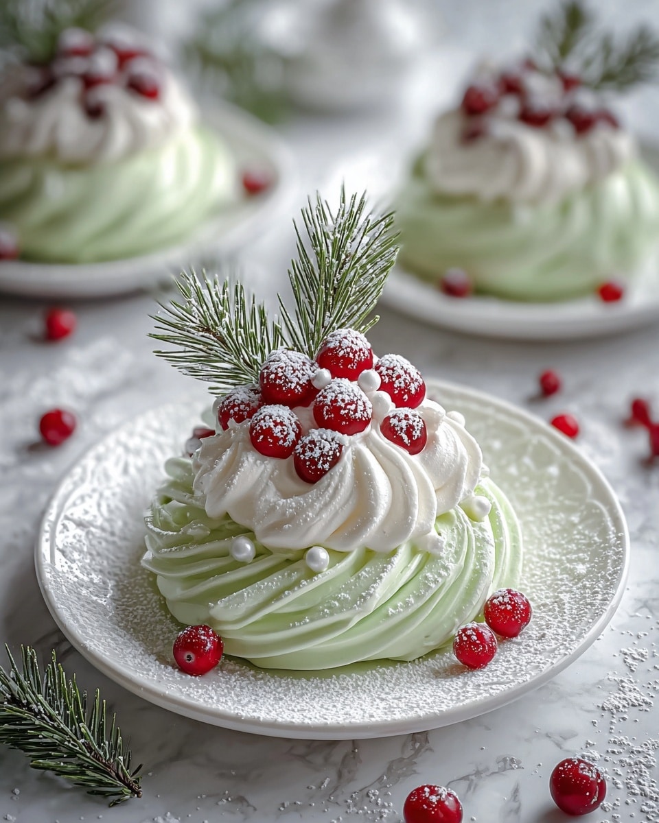The image shows a festive dessert with three main layers. The base layer is light green meringue piped thickly in a round shape with a smooth swirl pattern. On top of this is a generous dollop of white whipped cream that’s textured and fluffy. Surrounding the cream are shiny, bright red berries and small glossy white pearl-like decorations. Two sprigs of green pine needles dusted with powdered sugar stand upright behind the whipped cream. Everything sits on a clean, white plate with powdered sugar sprinkled around the edges, placed on a white marbled surface. There are similar desserts in the background and some scattered red berries and pine needles decorating the surface. photo taken with an iphone --ar 4:5 --v 7