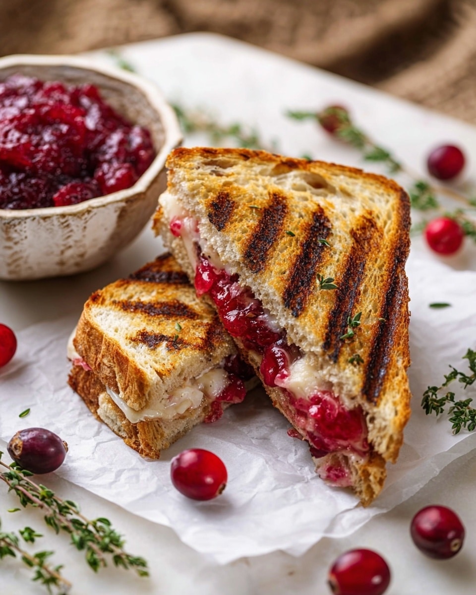 The image shows two open-faced sandwiches placed on crumpled white parchment paper over a white marbled textured surface. Each sandwich has a slice of toasted bread at the bottom, topped with several light brown grilled turkey slices. Over the turkey, there is a thick, chunky, dark red cranberry sauce spread, garnished with small green thyme leaves and drizzled with dark balsamic glaze. Around the sandwiches, there are scattered fresh red cranberries and sprigs of green thyme. Three wedges of creamy white Brie cheese are positioned near the sandwiches, with one piece showing a gooey, soft interior. On the right side, a rustic white bowl filled with more cranberry sauce is visible. The overall presentation is rustic and colorful, emphasizing reds, browns, greens, and whites. photo taken with an iphone --ar 4:5 --v 7