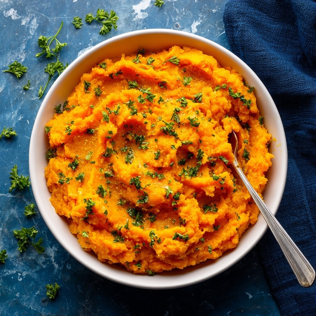 A single white bowl filled with bright orange mashed sweet potatoes that have a slightly chunky texture, sprinkled with small pieces of green parsley on top. A silver spoon rests inside the bowl on the right side, partially dipped into the mash. The bowl is placed on a dark blue textured surface with some scattered green parsley leaves around it. In the upper right corner, a folded dark blue cloth is visible on the white marbled texture background. photo taken with an iphone --ar 4:5 --v 7
