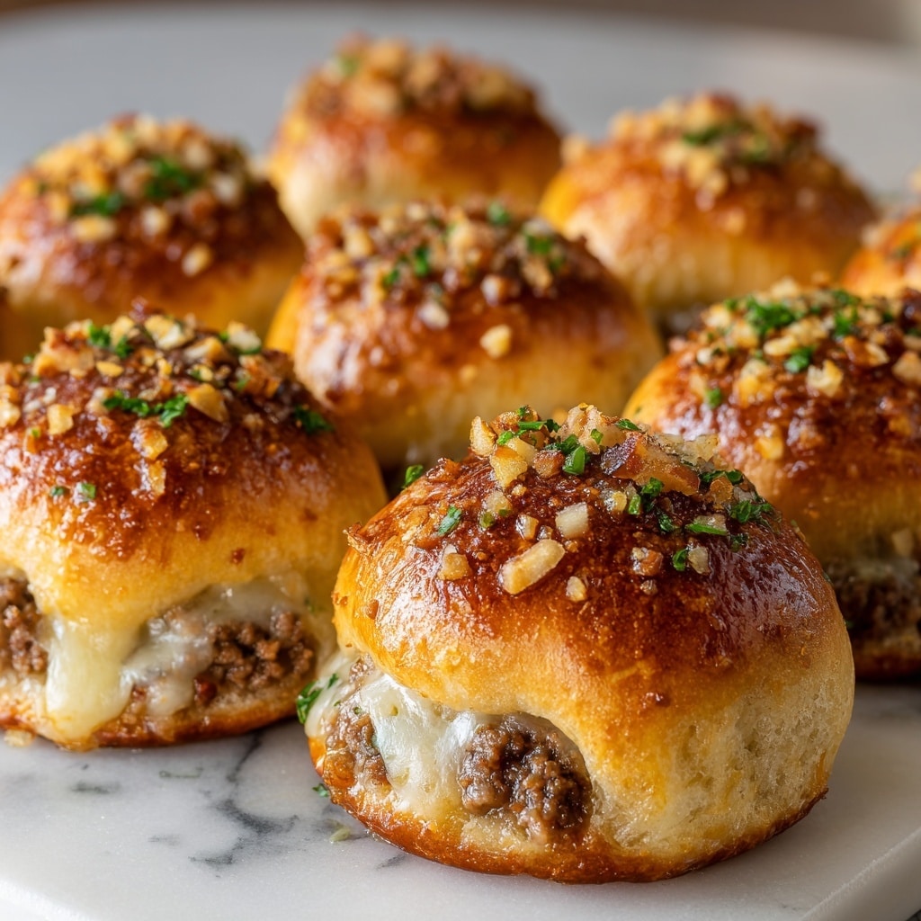 The image shows a close-up of multiple golden-brown baked buns arranged on a white marbled surface. Each bun has a shiny, slightly crispy top sprinkled with bits of crushed nuts and small green herbs. The buns are stuffed with a visible layer of melted cheese and cooked ground meat filling that is oozing slightly from the sides. The buns are round, soft, and fluffy with a textured crust showing a rich baked color gradient from light brown to deeper amber on top. The scene is warmly lit, highlighting the moistness and texture of the cheese and meat inside. photo taken with an iphone --ar 4:5 --v 7