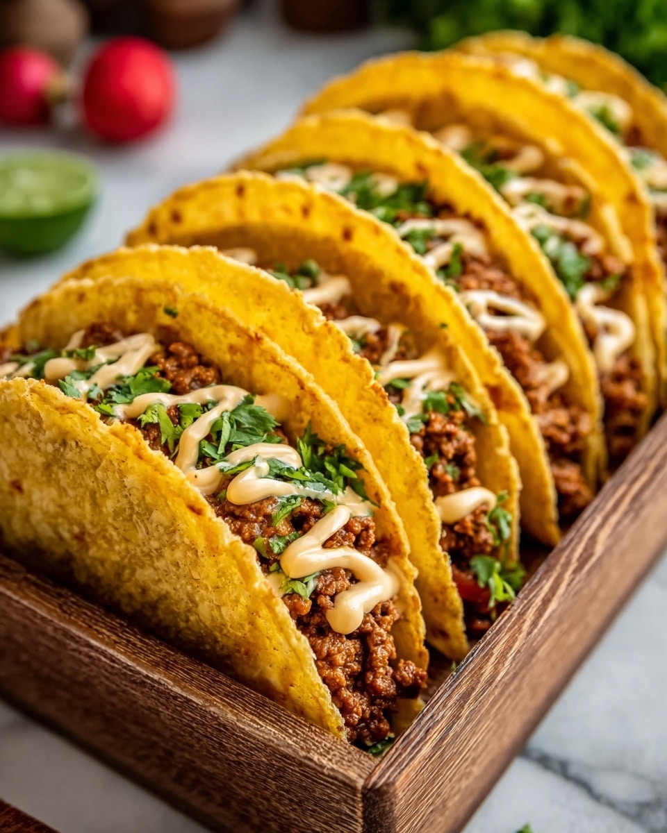 The image shows five hard shell tacos standing upright in a wooden tray. Each taco shell is golden yellow with a crunchy texture. Inside, there is a layer of cooked ground meat that is brown with small bits, topped with bright green chopped herbs. A light brown creamy sauce is drizzled over the meat and herbs layer in a zigzag pattern. The background surface is a white marbled texture with some blurred red and green elements. Photo taken with an iphone --ar 4:5 --v 7