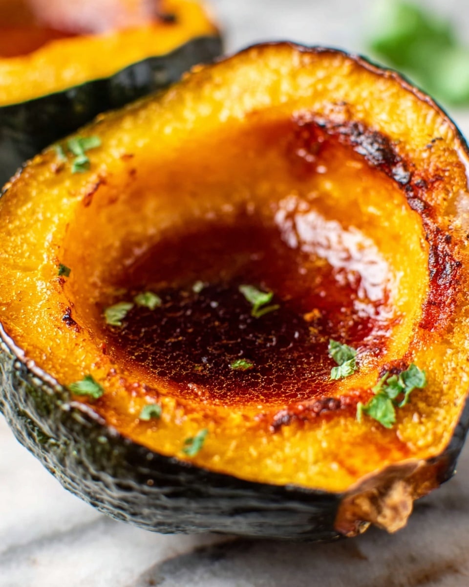 The image shows a close-up of a roasted acorn squash half, placed on a white marbled surface. The squash skin is dark green with a slightly rough texture, while the inside is a bright orange-yellow with a caramelized brown layer on top that looks slightly sticky and glossy. Small green herb pieces are sprinkled around the edge of the caramelized center, adding a touch of fresh color. The acorn squash is hollowed in the middle, holding the caramel sauce within its cavity. Photo taken with an iphone --ar 4:5 --v 7