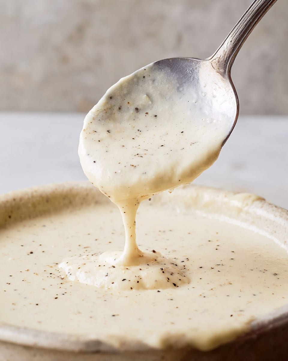 A close-up view of a thick, creamy white sauce lifted on a shiny silver spoon, with small black specks of pepper scattered throughout the sauce. The sauce has a smooth, rich texture that gently drips off the spoon back into the bowl below, and the background shows the same sauce in a shallow container with a slightly rough, creamy surface. The setting uses a white marbled texture as the base. photo taken with an iphone --ar 4:5 --v 7