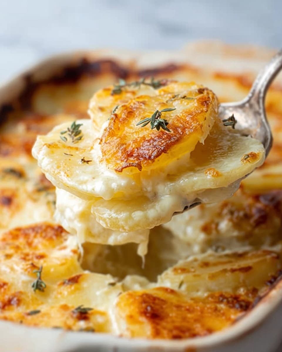 A close-up photo shows a creamy potato gratin in a white ceramic baking dish. The dish has multiple thin layers of soft, golden potatoes soaked in a thick, white creamy sauce, slightly browned and bubbly around the edges. The top layer is light golden with hints of melted cheese and small brown spots, adding a crunchy texture. A spoon lifts a portion, showing a smooth, slightly stringy texture of melted cheese stretching from the dish. The background is a white marbled surface. Photo taken with an iphone --ar 4:5 --v 7
