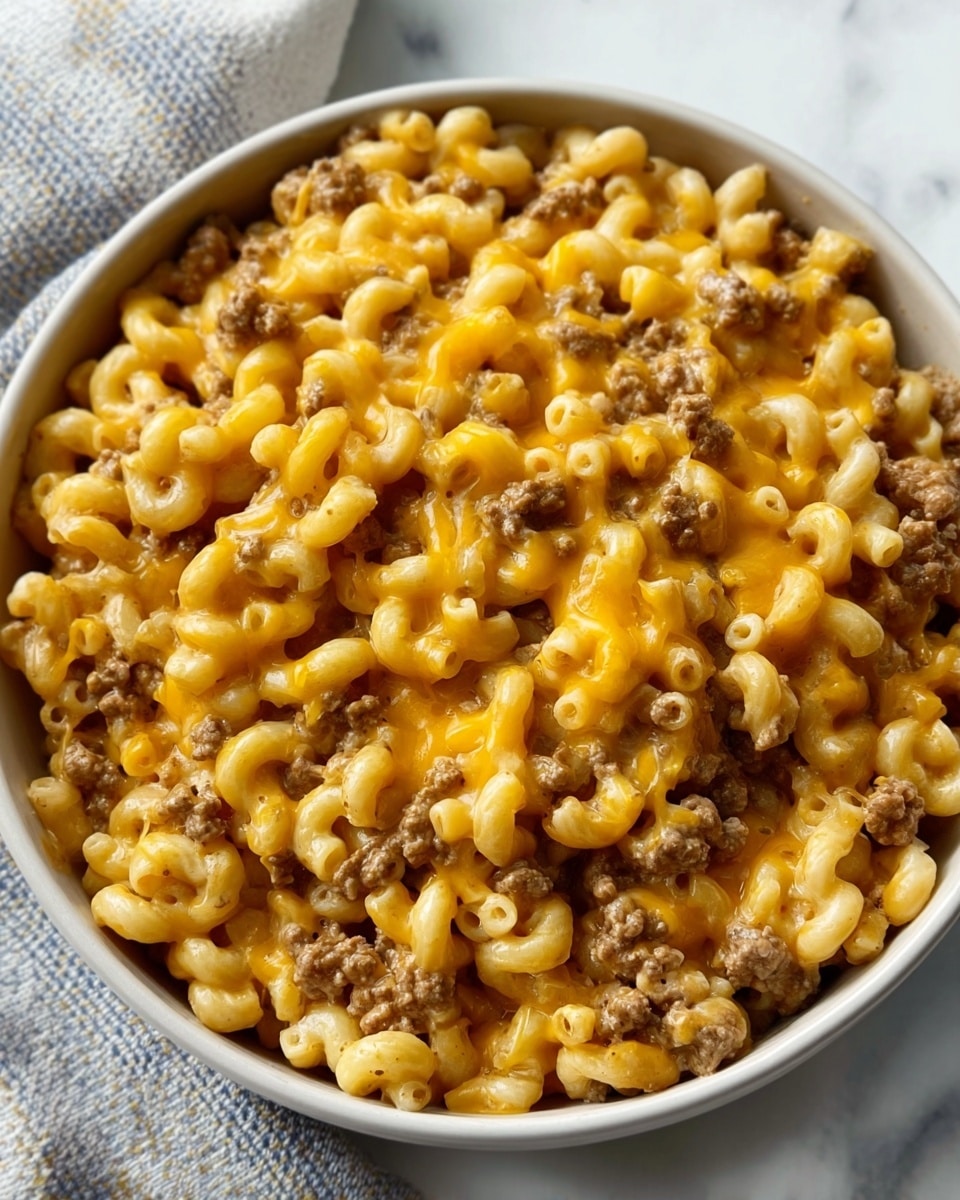 A white bowl is filled with a creamy macaroni dish, showing short curly pasta mixed with ground meat. The top layer is covered in melted yellow cheese, giving a smooth and slightly shiny look. The pasta underneath is coated in a light brown sauce with visible small meat pieces. The bowl is placed on a white marbled surface with a cloth partially visible near it. The photo is clear and focused on the food, showing a warm and cozy meal. photo taken with an iphone --ar 4:5 --v 7