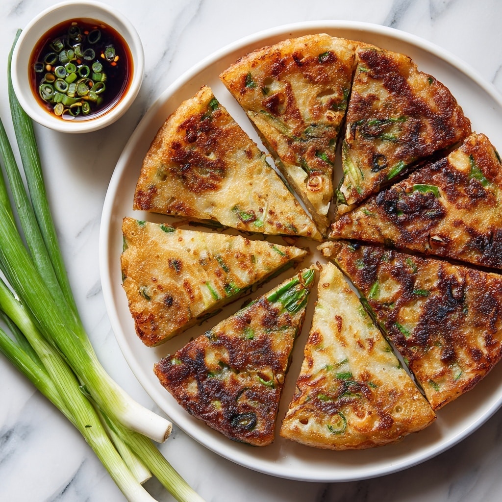 A round, golden-brown Korean pancake with green onion pieces visible inside sits in the middle of a white plate; the pancake is slightly crispy on the edges with some darker browned spots across its surface. It has been cut into square pieces but remains whole. To the side, two long green onion stalks lie on a white marbled surface, and a small white bowl filled with a dark soy dipping sauce sprinkled with chopped green onions is placed near the plate. photo taken with an iphone --ar 4:5 --v 7