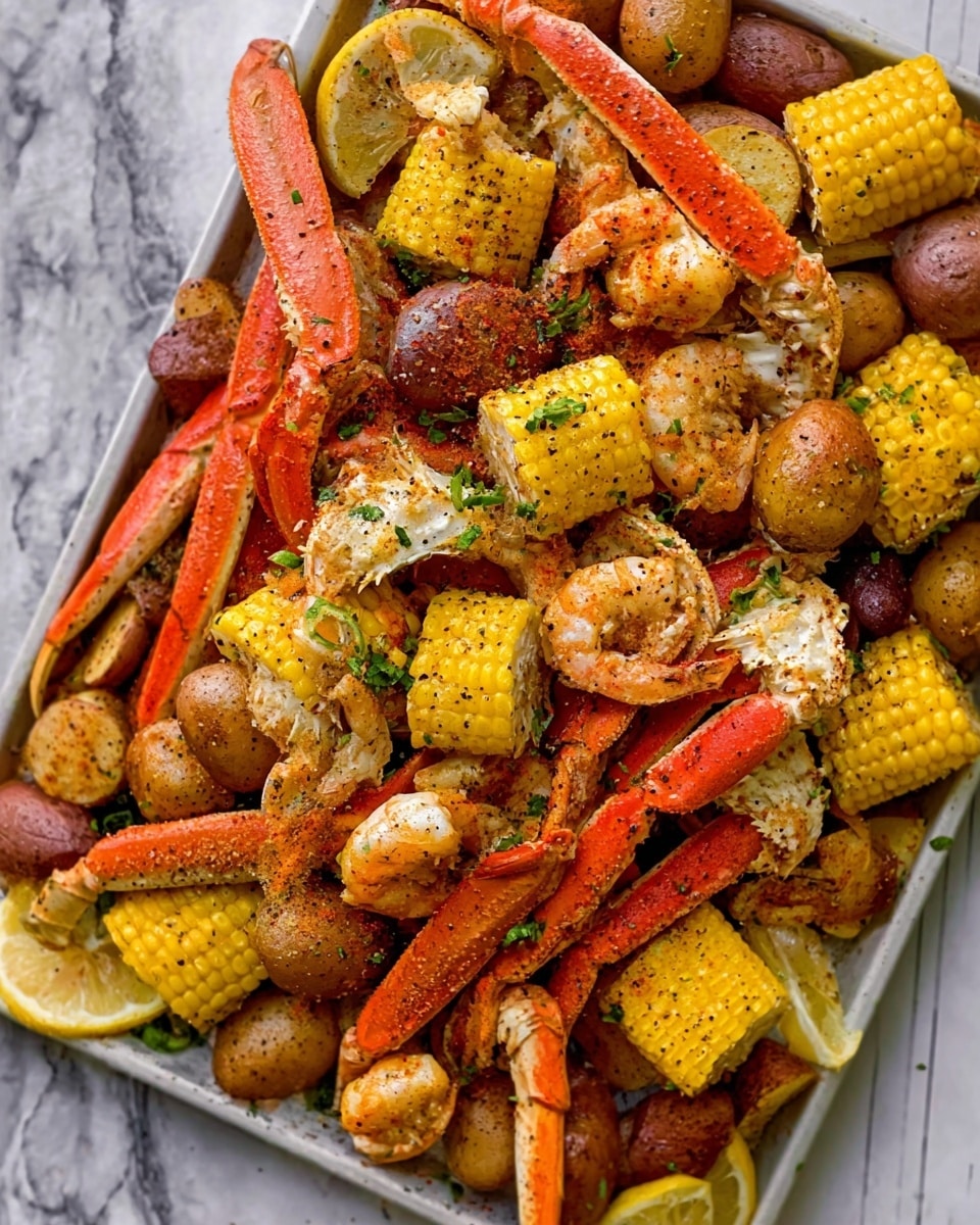 A large rectangular pan filled with a colorful seafood boil, showing three main layers: at the bottom, golden red chunks of sausage and light brown boiled small potatoes; in the middle, bright yellow corn on the cob pieces and white hard-boiled eggs scattered around; on top, a mix of orange and pink shrimp and crab legs, all coated with a light spicy seasoning and sprinkled with green chopped herbs, creating a vibrant, textured look against the pan's red edges, all set on a white marbled surface with a mustard-yellow cloth visible nearby. photo taken with an iphone --ar 4:5 --v 7