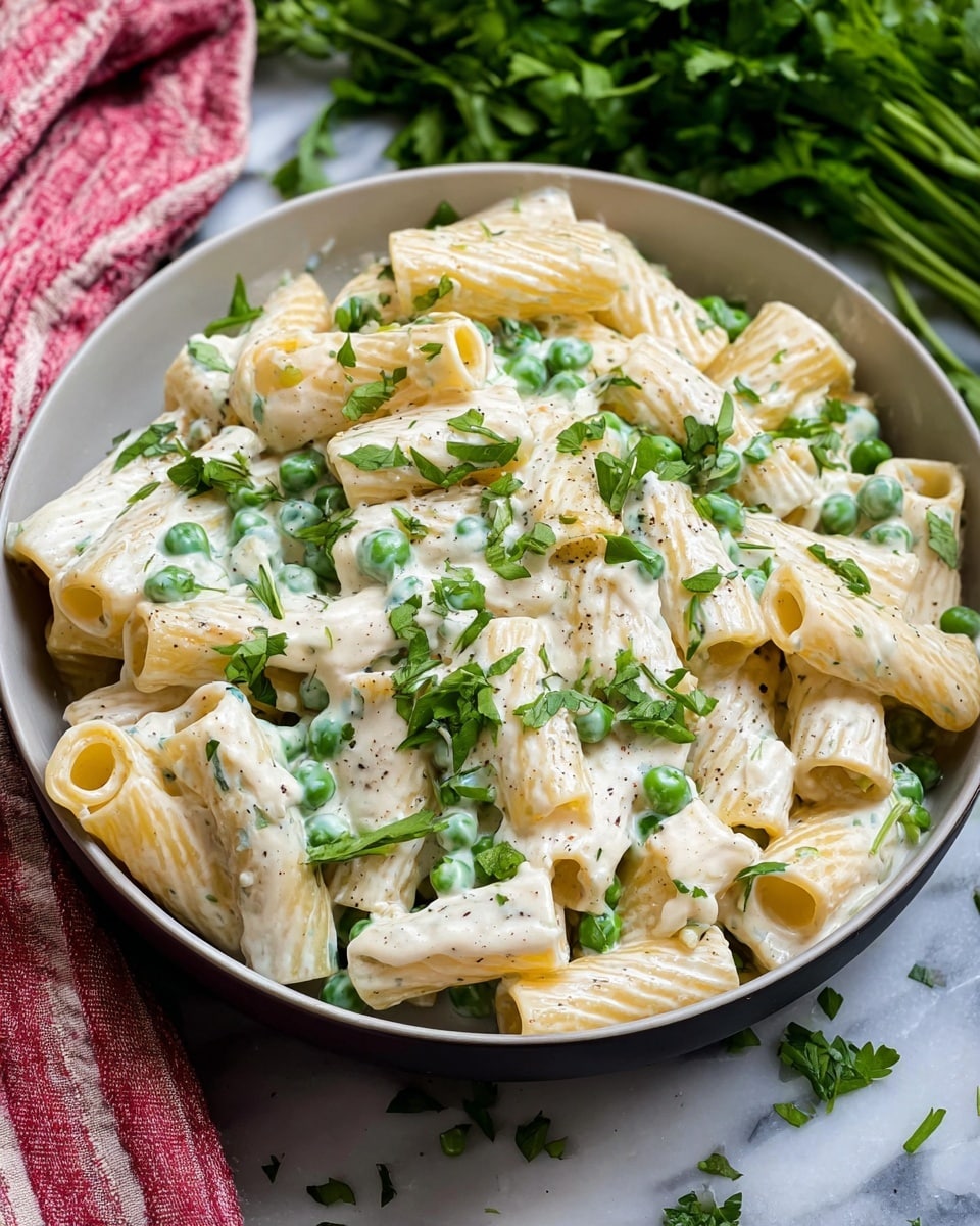 A black bowl is filled with short tube-shaped pasta coated in a creamy white sauce mixed with small green peas and sprinkled with chopped green herbs. The pasta has a smooth texture and is well covered by the sauce. The bowl sits on a white marbled surface with scattered green herb leaves around it, and several uncooked pasta pieces nearby. A red and white patterned cloth is placed to the left of the bowl. Photo taken with an iphone --ar 4:5 --v 7