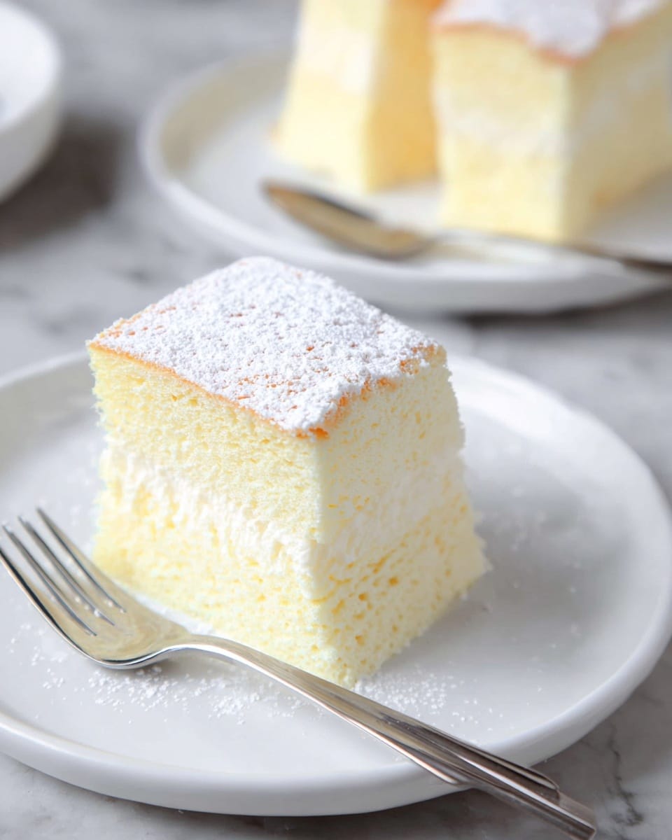 A close-up image of a single square piece of light yellow sponge cake with a fine, soft texture is shown on a white plate; the cake has two visible layers of fluffy sponge separated by a very thin light cream filling, and the top layer is dusted lightly with white powdered sugar, giving a gentle contrast to the golden-brown surface beneath. The plate rests on a white marbled surface. photo taken with an iphone --ar 4:5 --v 7